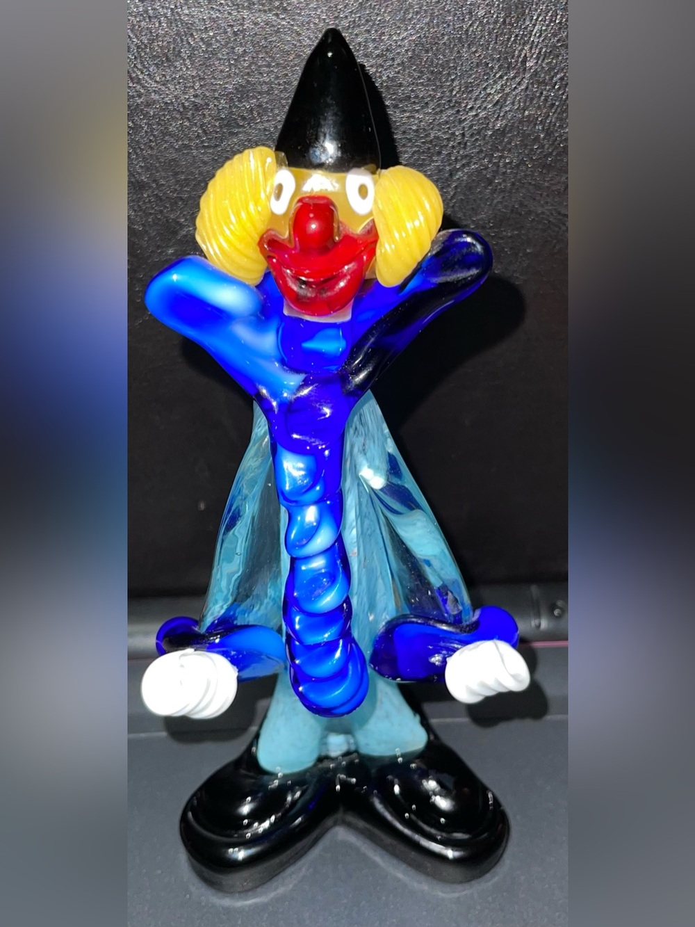 Hand blown vintage Glass Clown Murano blue yellow 8 inch